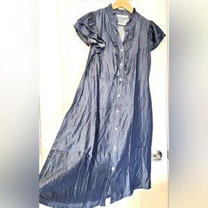 Valentina Naldi Made in Italy Chambray Ruffle Dress Lagenlook Coastal Grandma, S